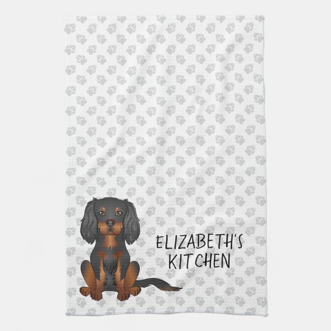 Black & Tan Cavalier King Charles Spaniel & Text Kitchen Towel (Vertical)