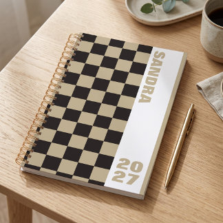 Black Tan Chequered Custom Name Year 2027 Spiral Planner
