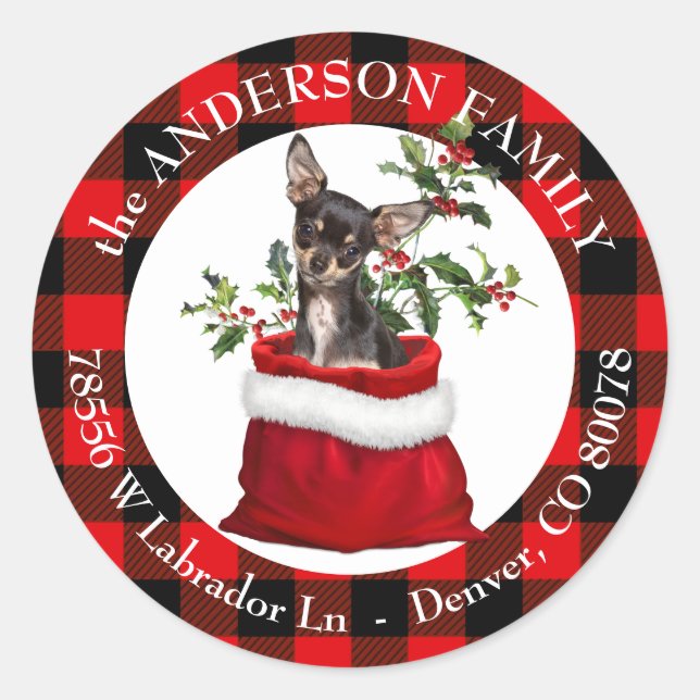 Black Tan Chihuahua Dog Plaid Frame Classic Round Sticker (Front)