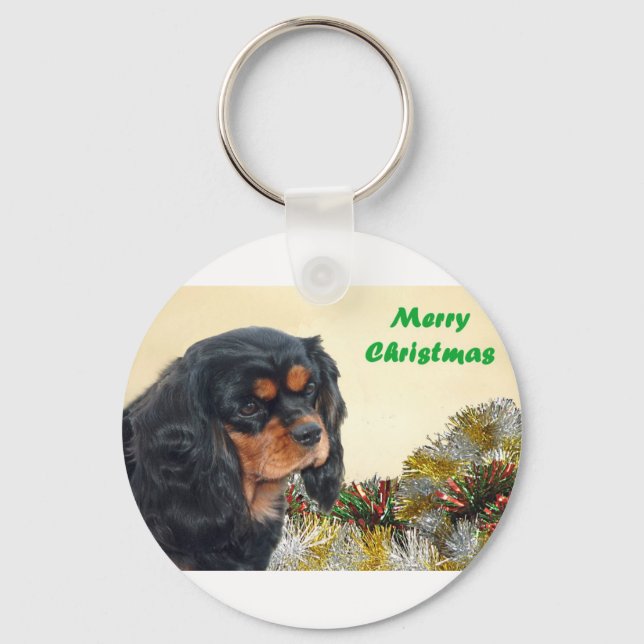 Black & Tan Christmas Cavalier Keychain (Front)