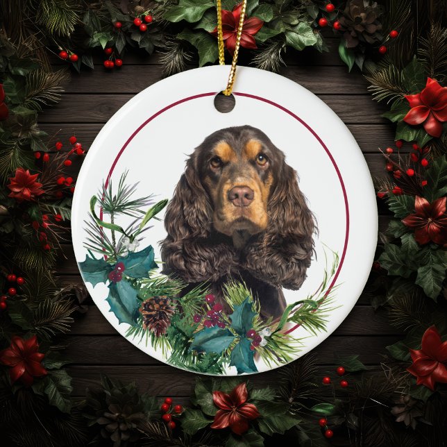 Black Tan Cocker Spaniel Evergreen Berry Wreath Ceramic Ornament (Creator Uploaded)
