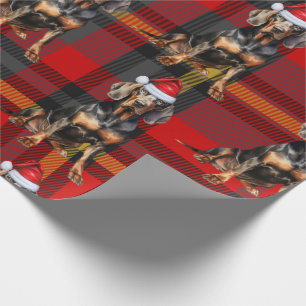 Black Tan Coonhound Dog and Red Plaid Christmas Wrapping Paper