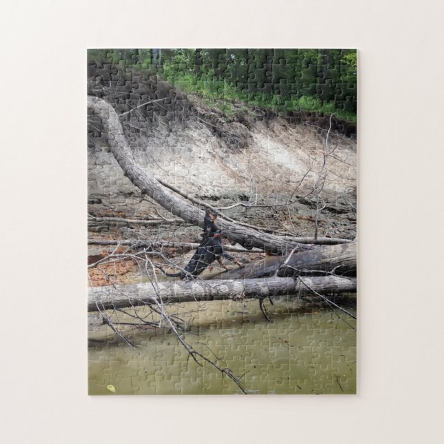 Black & Tan Coonhound Treeing In The River Jigsaw Puzzle (Vertical)