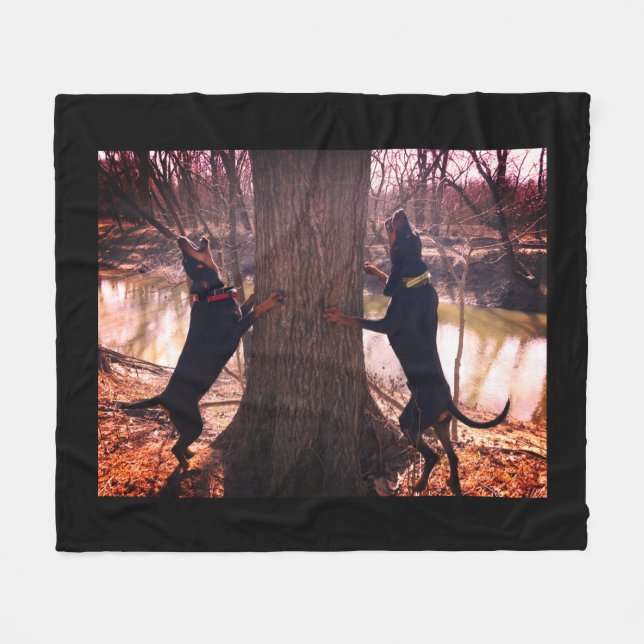 Black & Tan Coonhounds Treeing On The River Fleece Blanket (Front (Horizontal))