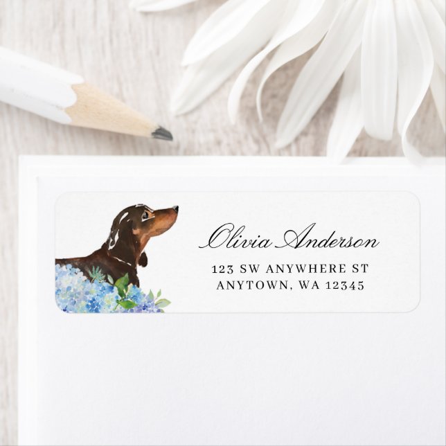 Black Tan Dachshund Blue Hydrangea Return Address (Insitu)