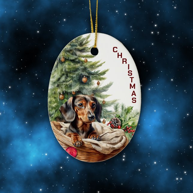 Black Tan Dachshund Dog Wicker Basket Christmas Ceramic Ornament (Creator Uploaded)