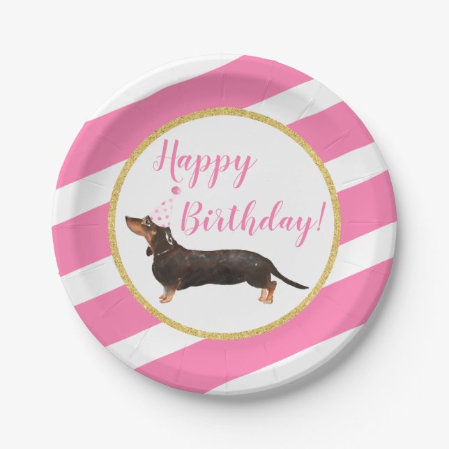 Black Tan Dachshund Pink Girl Birthday Paper Plate (Front)