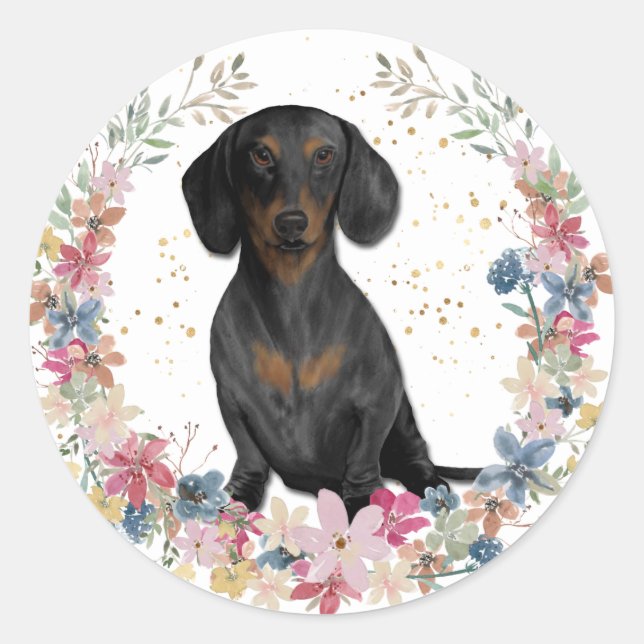 Black Tan Dachshund Spring Flowers Wreath Classic Round Sticker (Front)