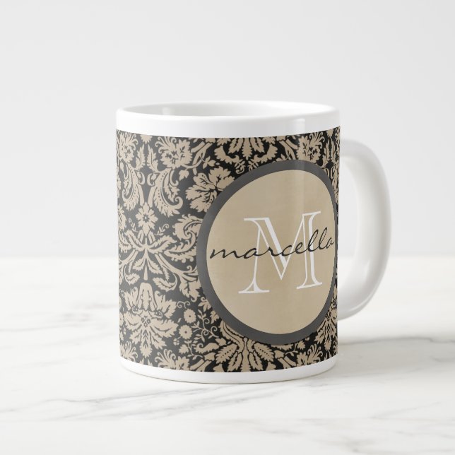 Black Tan Damasks Monogram Large Coffee Mug (Front Right)