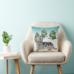 Black & Tan Dapple Long Hair Dachshund In Winter Throw Pillow