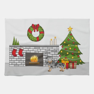 Black & Tan Dapple Smooth Coat Dachshund Christmas Kitchen Towel