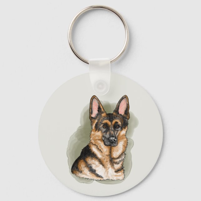 Black Tan German Shepherd Canine Dog Portrait Keychain (Front)