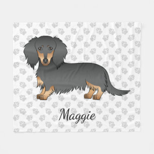 Black & Tan Long Hair Dachshund Cartoon Dog & Name Fleece Blanket