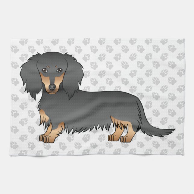 Black & Tan Long Hair Dachshund Cartoon Dog & Paws Kitchen Towel (Horizontal)