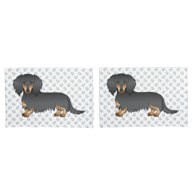 Black & Tan Long Hair Dachshund Cartoon Dog & Paws Pillowcase (Front-Set)