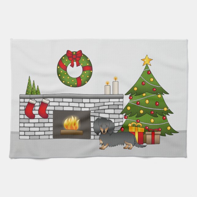 Black & Tan Long Hair Dachshund - Christmas Room Kitchen Towel (Horizontal)
