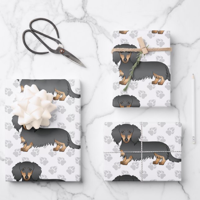 Black & Tan Long Hair Dachshund Cute Dog Pattern Wrapping Paper Sheet (Front)