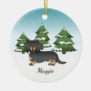 Black & Tan Long Hair Dachshund - Winter Forest Ceramic Ornament