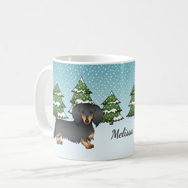 Black & Tan Long Hair Dachshund - Winter Forest Coffee Mug (Front Left)