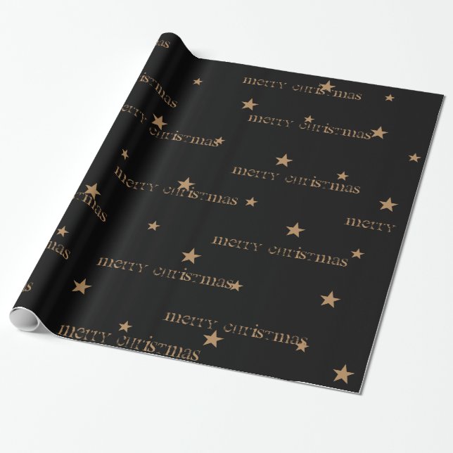 Black & Tan Merry Christmas Star Gift Wrap (Unrolled)
