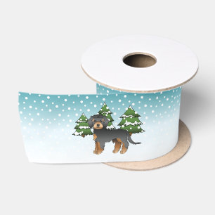 Black & Tan Mini Goldendoodle Dog - Winter Forest Satin Ribbon