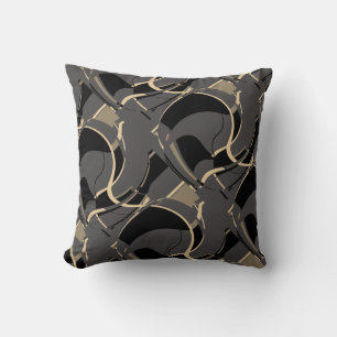 Black Tan on Grey Diagonal Swirling Art Design Throw Pillow
