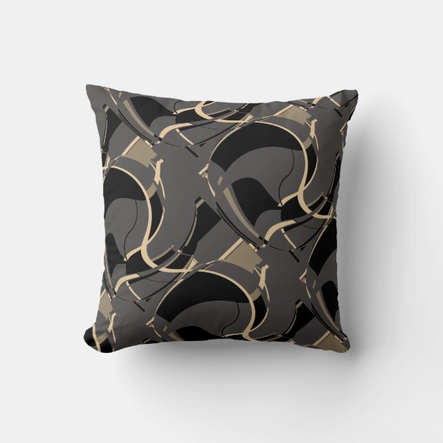 Black Tan on Grey Diagonal Swirling Art Design Throw Pillow (Front)