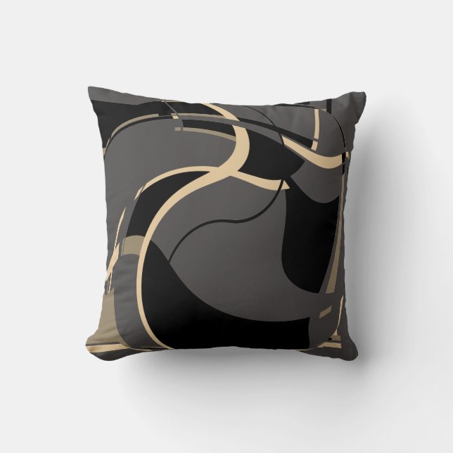 Black Tan on Grey Swirling Abstract Art MCM Look Throw Pillow (Front)