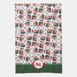 Black Tan Piebald Dachshund Monogram Christmas Dog Kitchen Towel