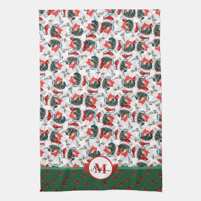 Black Tan Piebald Dachshund Monogram Christmas Dog Kitchen Towel (Vertical)