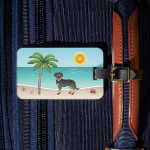 Black & Tan Rottweiler At A Tropical Summer Beach Luggage Tag