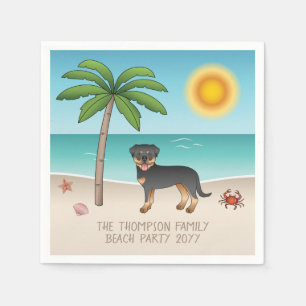 Black & Tan Rottweiler At A Tropical Summer Beach Napkin