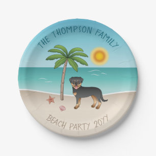 Black & Tan Rottweiler At A Tropical Summer Beach Paper Plate