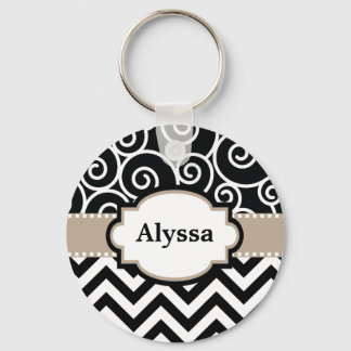 Black Tan Swirls Chevron Personalized Keychain