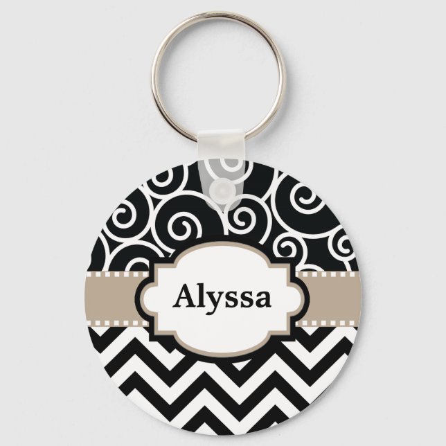 Black Tan Swirls Chevron Personalized Keychain (Front)