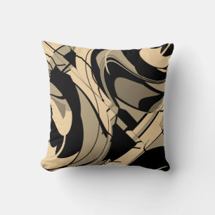 Black Tan Taupe Brown Swirling Shapes Motif Throw Pillow