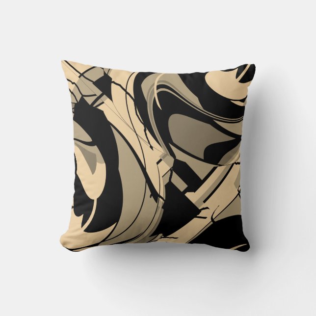 Black Tan Taupe Brown Swirling Shapes Motif Throw Pillow (Front)