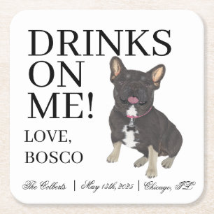 Black Tan Tricolor Frenchie French Bulldog Wedding Square Paper Coaster