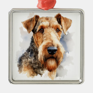 BLACK & TAN WATERCOLOR AIREDALE TERRIER METAL ORNAMENT