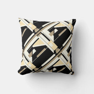 Black Tan White Cream Diagonal Geometric Design Throw Pillow