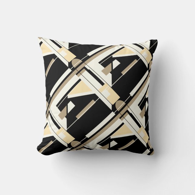 Black Tan White Cream Diagonal Geometric Design Throw Pillow (Front)