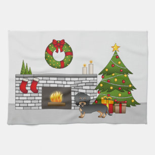 Black & Tan Wire Haired Dachshund - Christmas Room Kitchen Towel