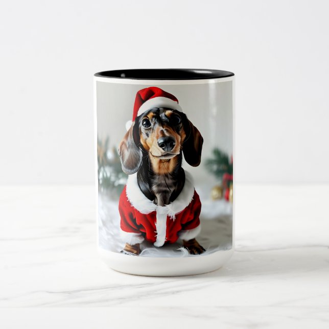 Black Tandan Modachshund Dog Face Santa Dachshund  Two-Tone Coffee Mug (Center)