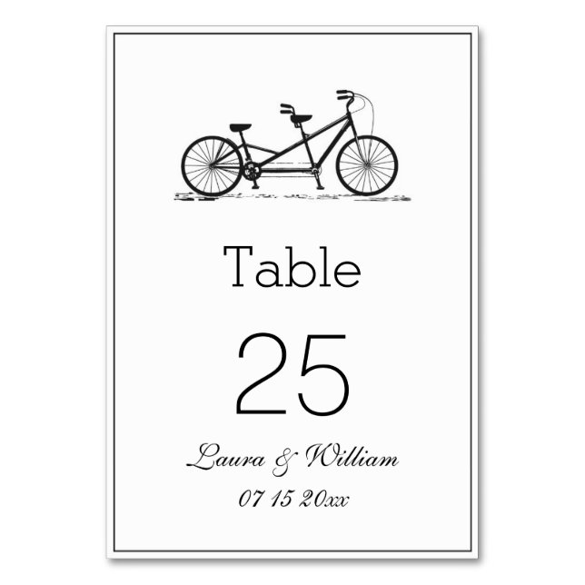 Black Tandem Bike Wedding Table Number Cards (Front)