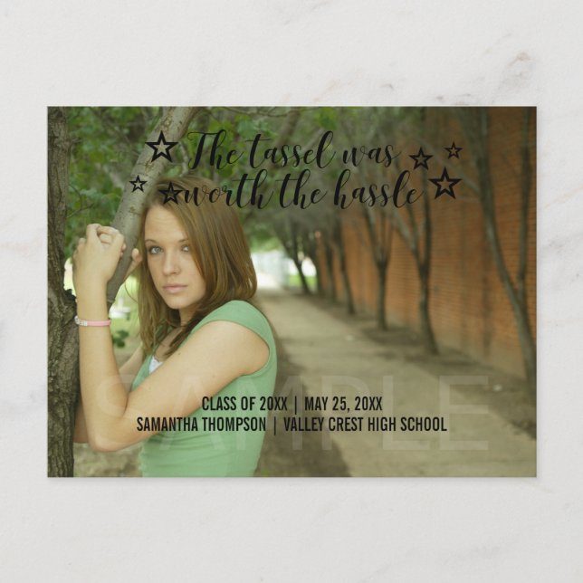 Black Tassel Worth Hassle Photo Graduation Announcement Postcard (Front)