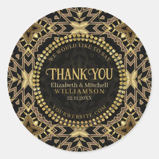 Black+ Taupe Gold Modern Art Deco Thank You Classic Round Sticker (Front)