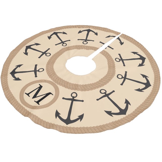 Black & Taupe Nautical Anchors and Rope Brushed Polyester Tree Skirt (Angled)
