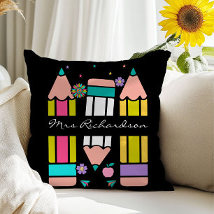 Black Teacher Colourful Pencil Name Throw Pillow