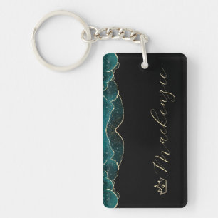 Black, Teal and Gold Elegant Script Personalized Keychain