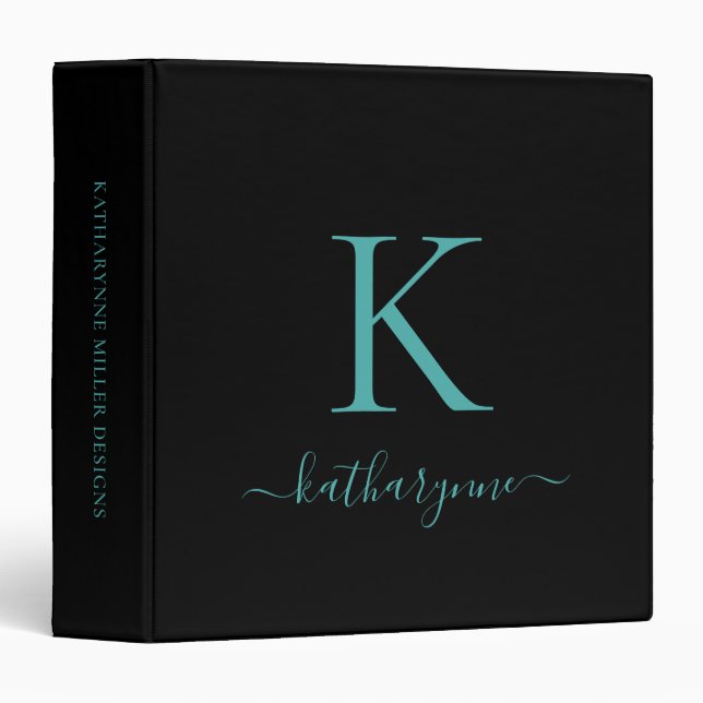 Black Teal Aqua Luxury Monogram Binder (Front/Spine)